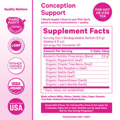 Pink Stork Organic Fertility Tea sachet closeup highlighting compostable sachets for a clean cupping ritual.