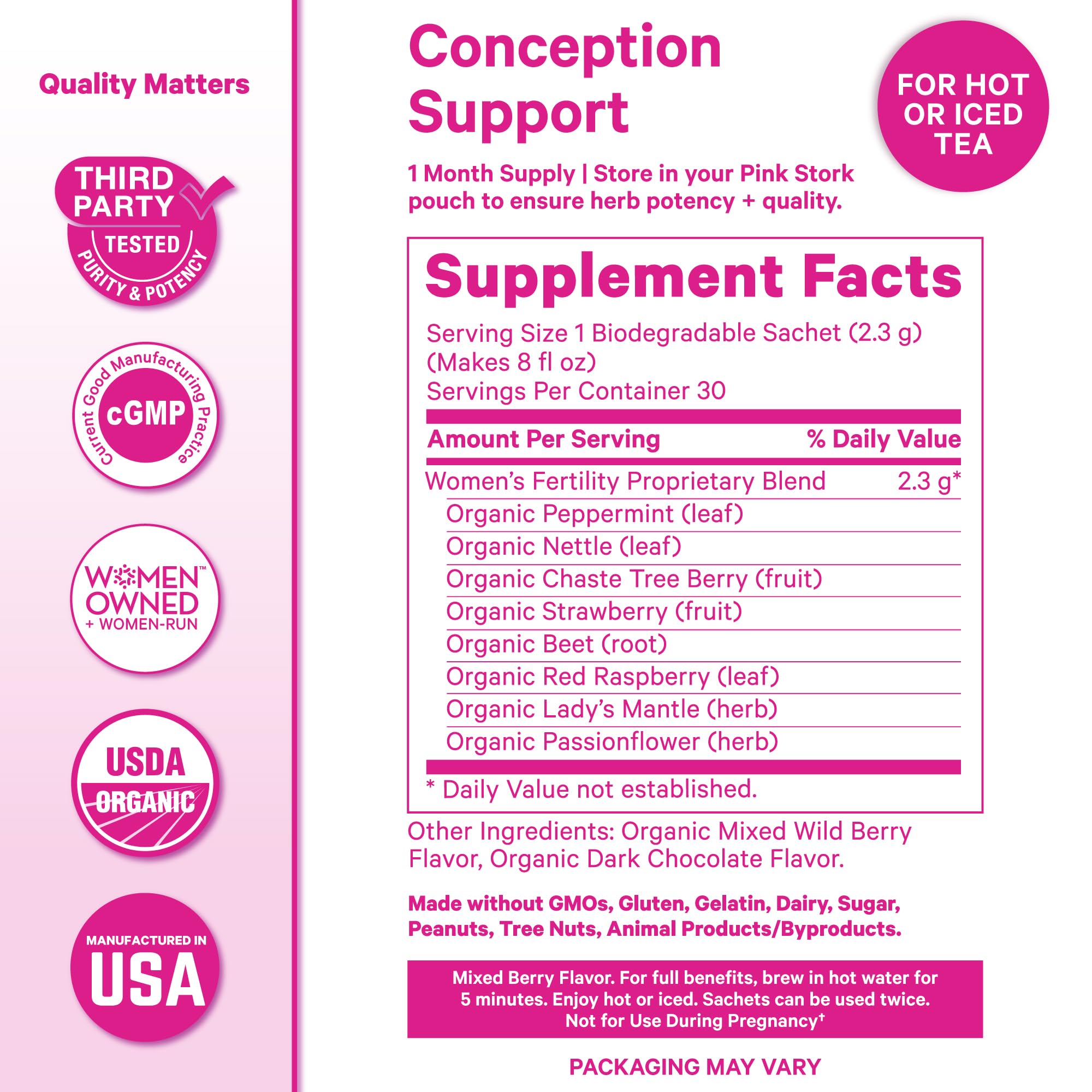 Pink Stork Fertility Tea sachet opened showing plant-based ingredients