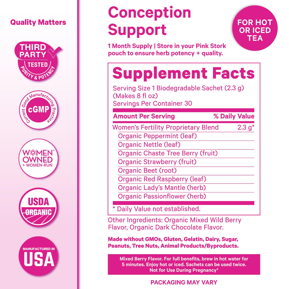 Pink Stork Fertility Tea sachet opened showing plant-based ingredients