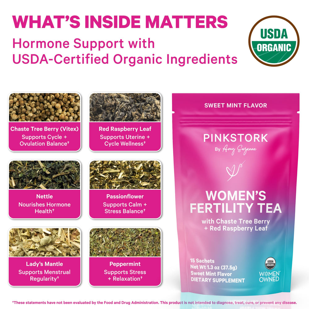 Pink Stork Fertility Tea steeped cup inviting calm focus during daily routine.