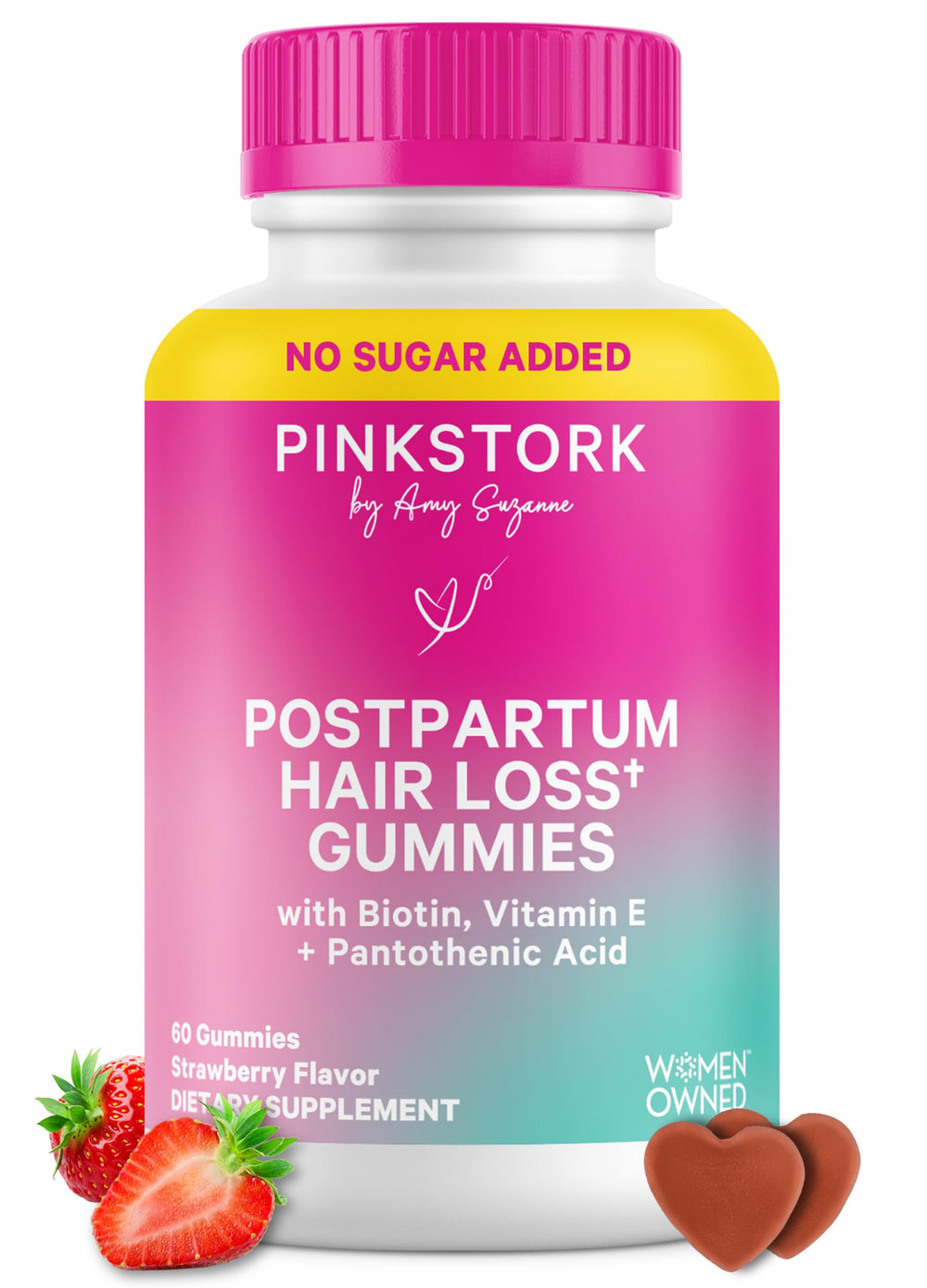 Pink Stork Postpartum Hair Loss Gummies bottle front for daily hair support