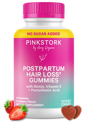 Pink Stork Postpartum Hair Loss Gummies bottle front for daily hair support