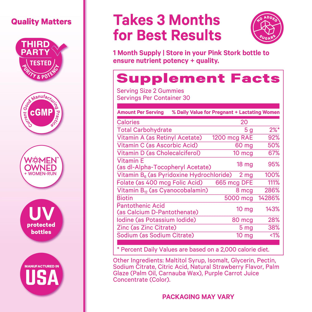 Pink Stork Postpartum Hair Loss Gummies with strawberry flavor appealing to moms