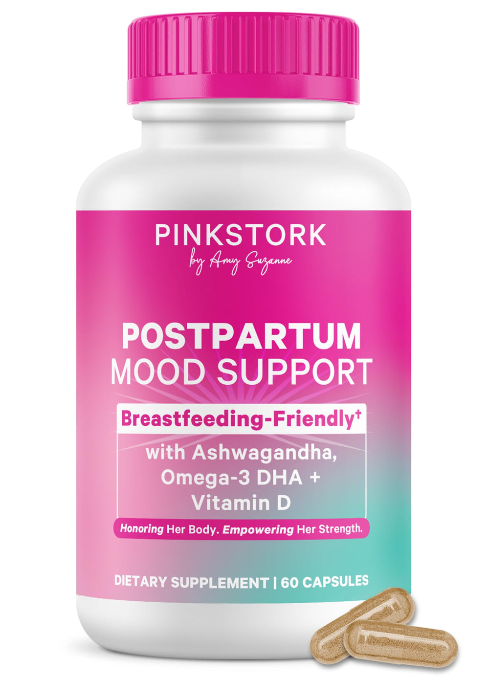 Pink Stork Postpartum Mood Support bottle front for postnatal balance.