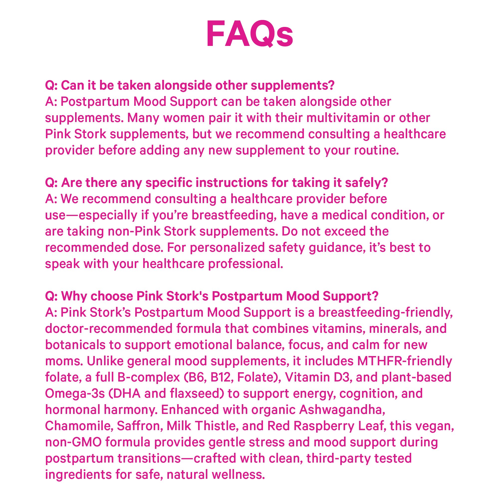 Pink Stork Postpartum Mood Support brand label and packaging view.