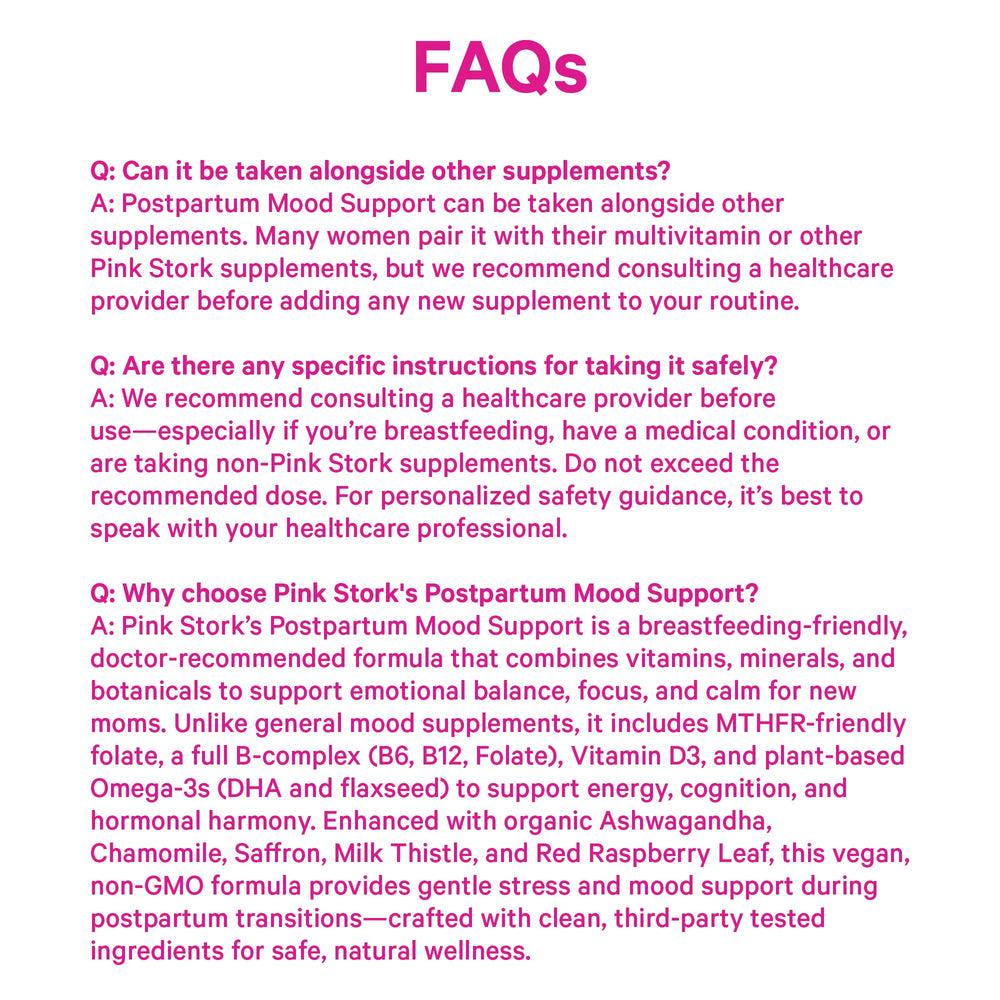 Pink Stork Postpartum Mood Support brand label and packaging view.