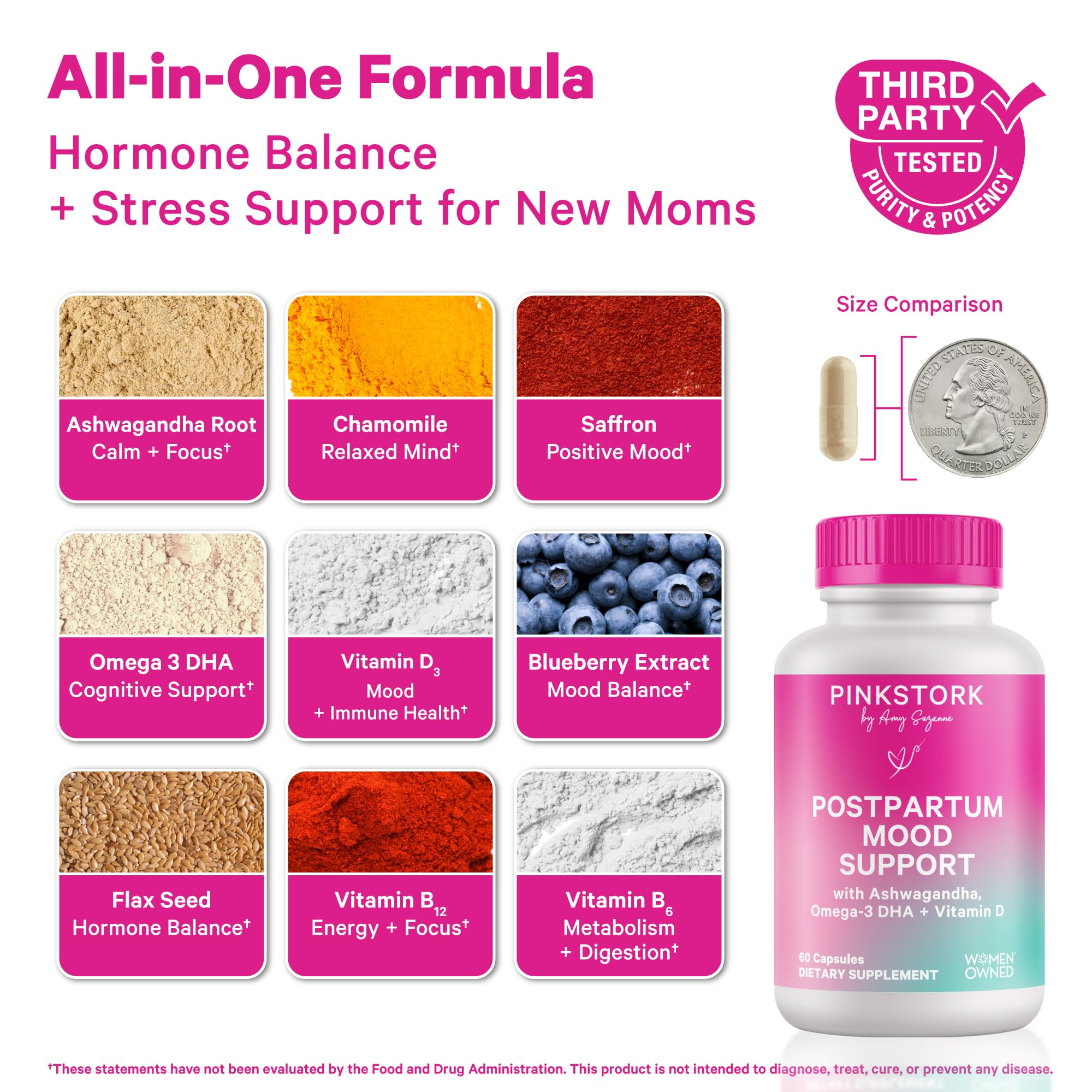 Pink Stork Postpartum Mood Support capsules close-up for easy daily support.