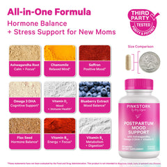 Pink Stork Postpartum Mood Support capsules close-up for easy daily support.