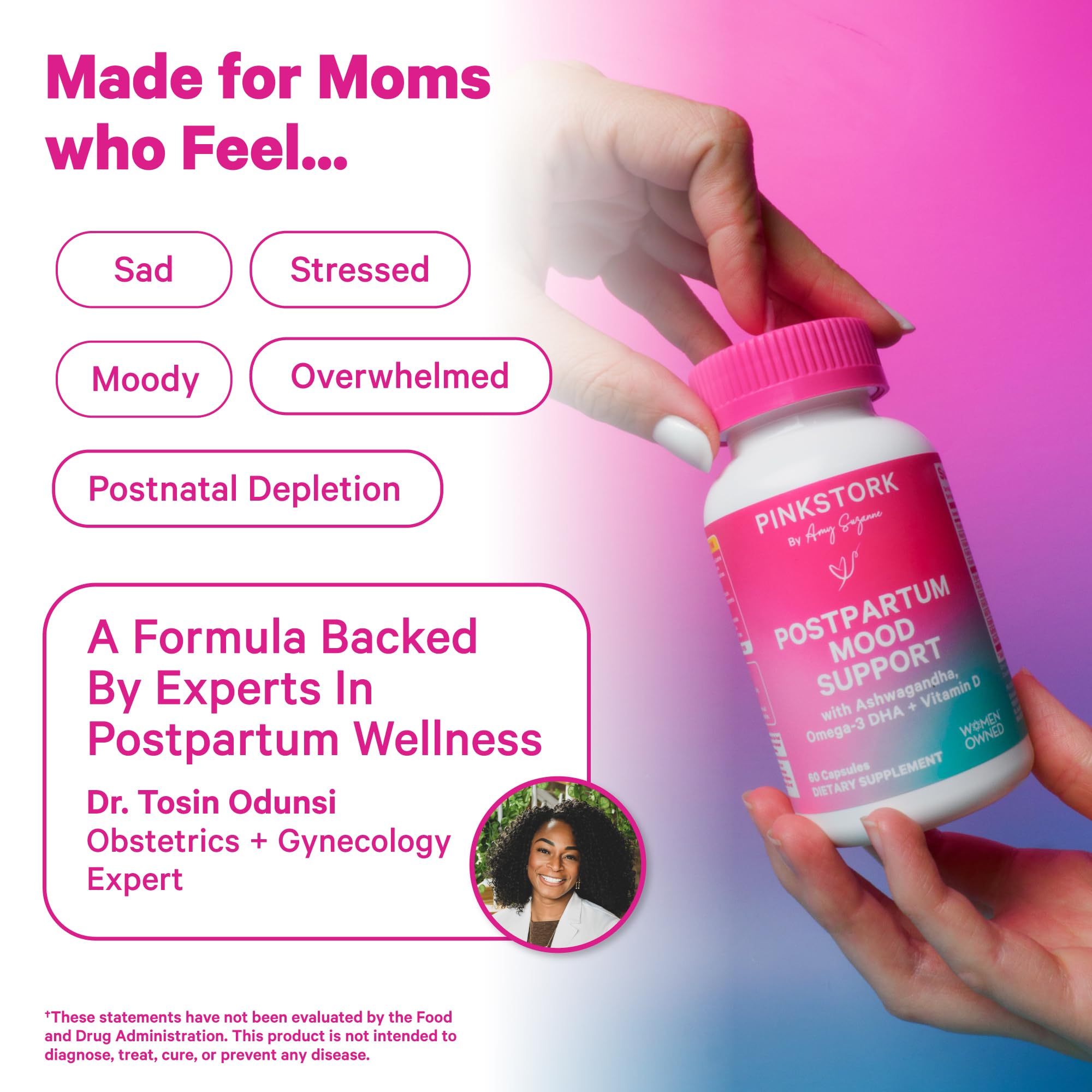 Pink Stork Postpartum Mood Support DHA from algae panel highlighting plant-based omega-3.