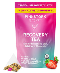 Pink Stork Postpartum Recovery Tea box showcases gift-ready postpartum support