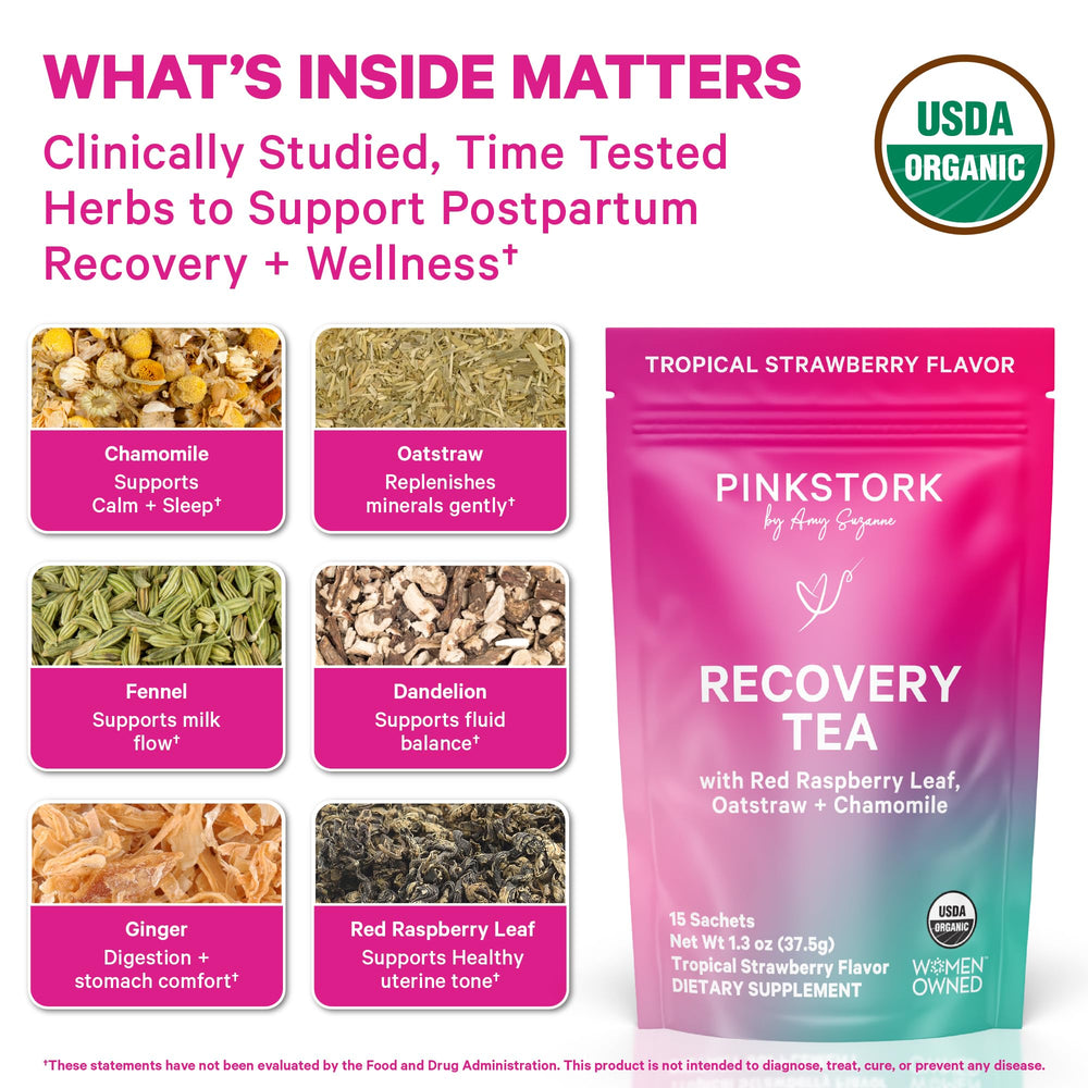 Pink Stork Postpartum Recovery Tea cup with brew invites relaxation after labor