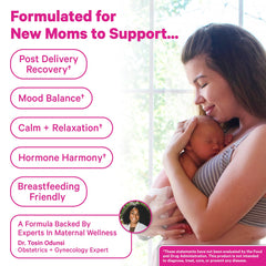 Pink Stork Postpartum Recovery Tea label closeup highlights organic herbs for soothing postnatal recovery