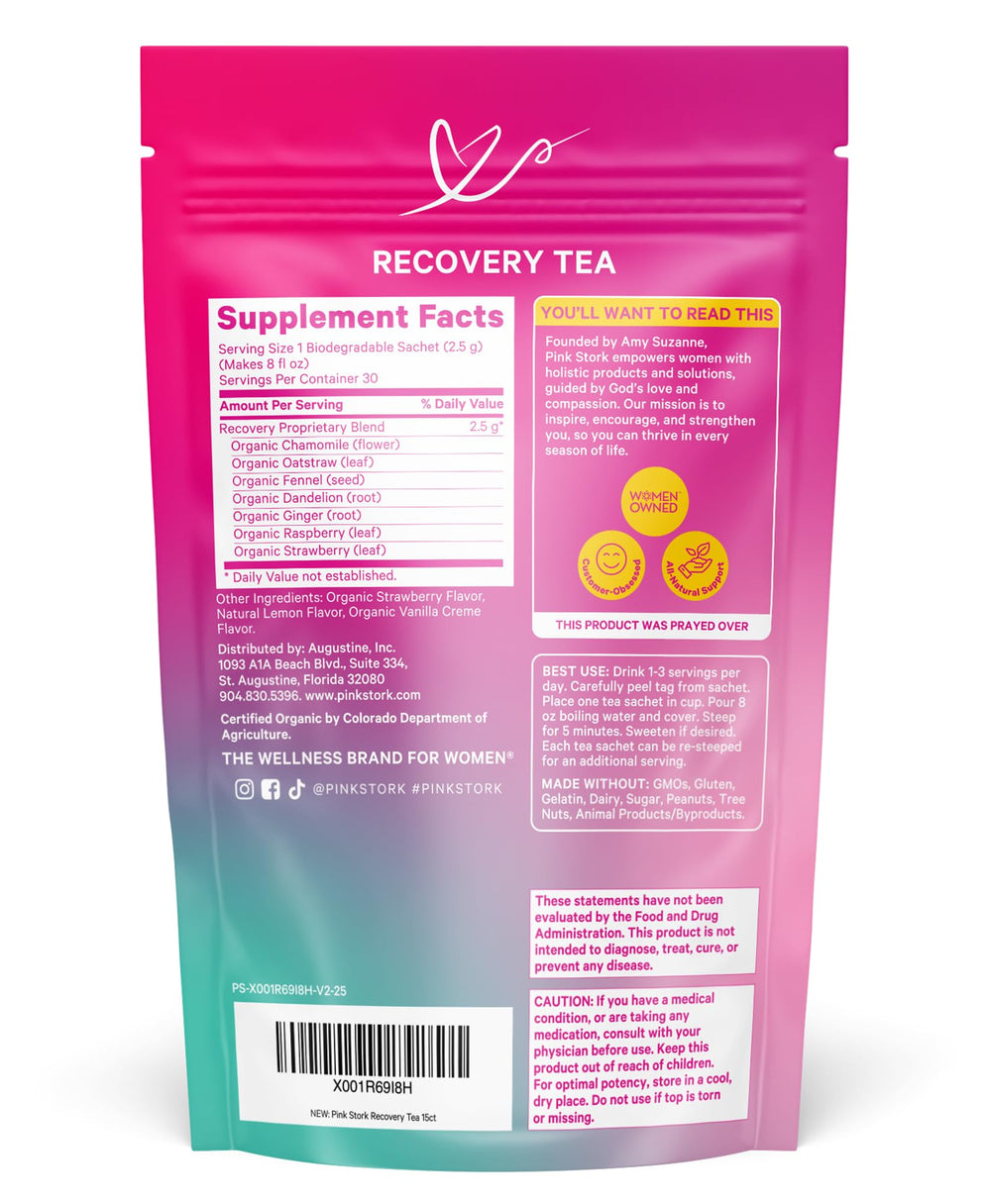 Pink Stork Postpartum Recovery Tea shelf display signals giftable postpartum care