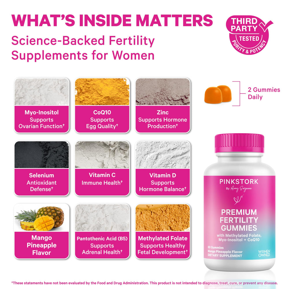 Pink Stork Premium Fertility Gummies close-up shows mango pineapple flavor for a tasty daily ritual.