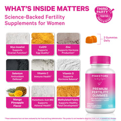 Pink Stork Premium Fertility Gummies close-up shows mango pineapple flavor for a tasty daily ritual.