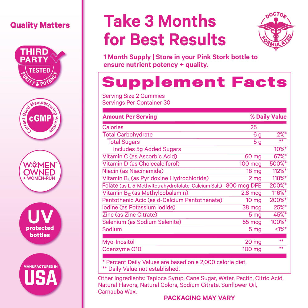 Pink Stork Premium Fertility Gummies vegan formula for clean daily nutrition.