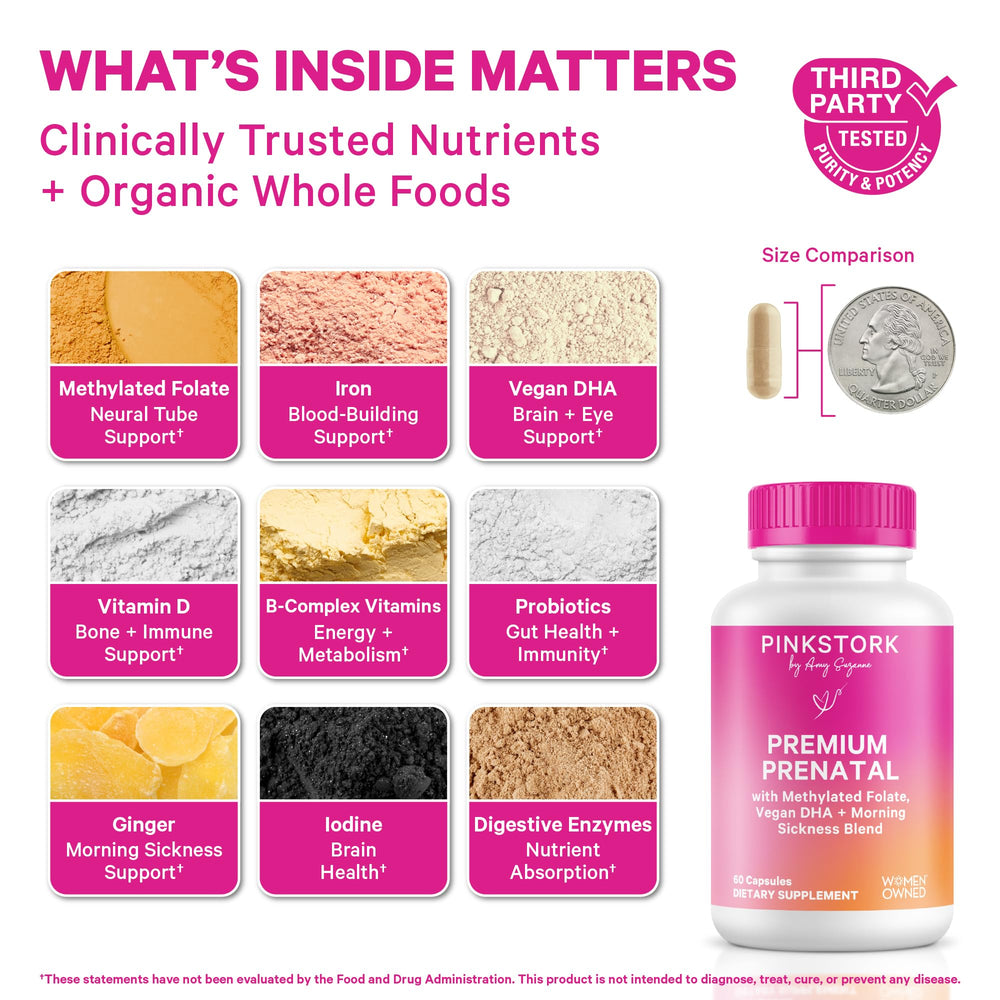 Pink Stork Premium Prenatal capsules close-up showing small, gentle capsules