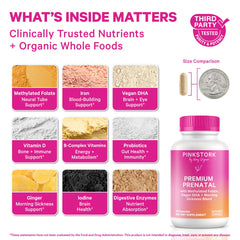 Pink Stork Premium Prenatal capsules close-up showing small, gentle capsules
