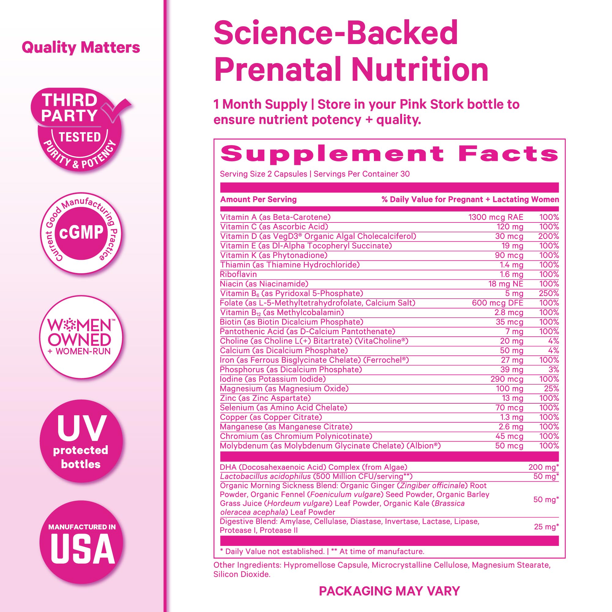 Pink Stork Premium Prenatal ginger and kale ingredients for easy absorption