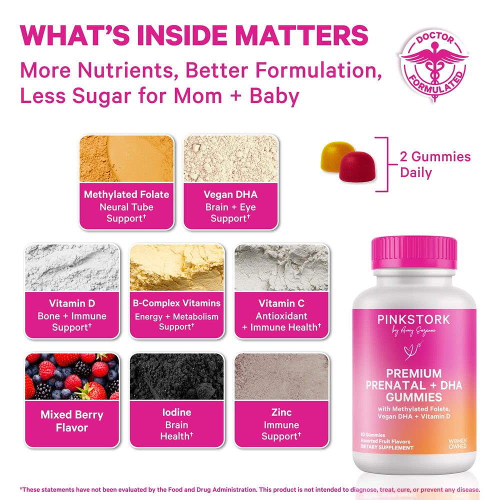 Close-up of Pink Stork prenatal gummies highlighting DHA and nutrients.