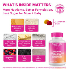Close-up of Pink Stork prenatal gummies highlighting DHA and nutrients.