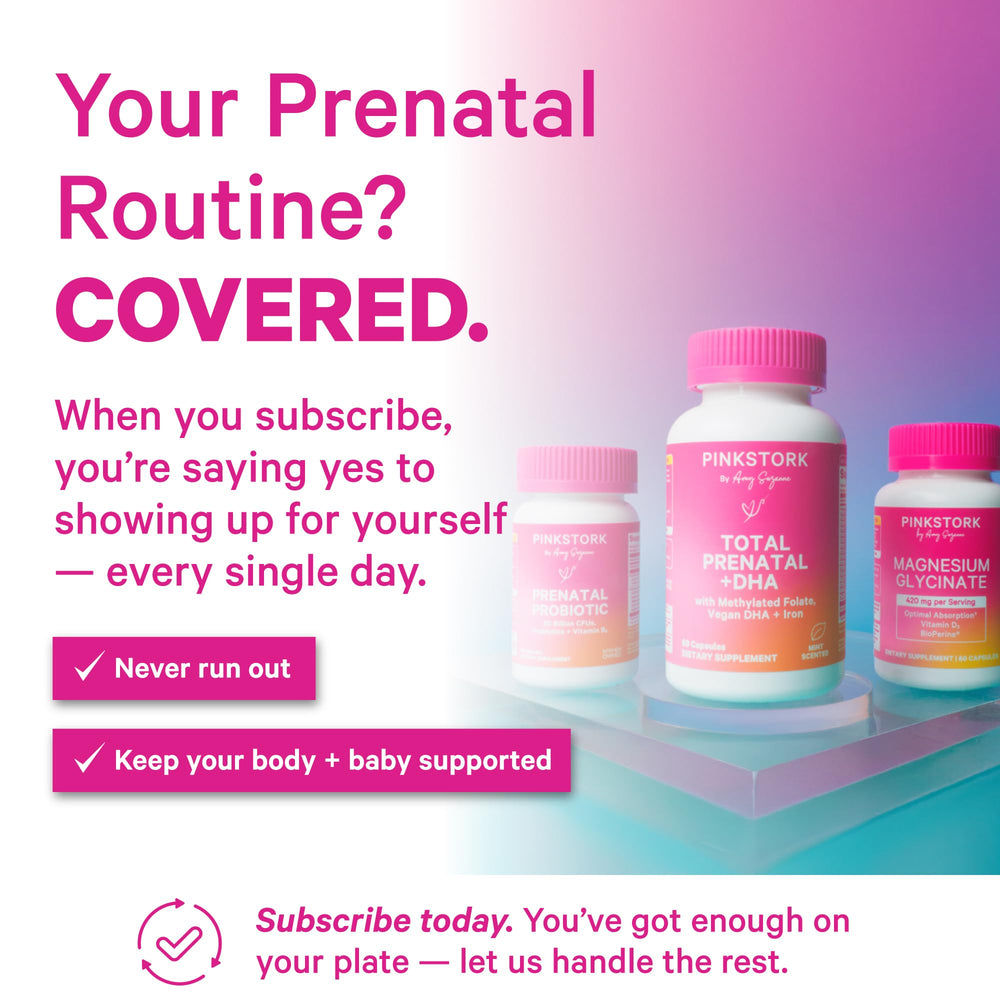 Pink Stork Prenatal Probiotic bottle shown with prenatal vitamins for routine use.