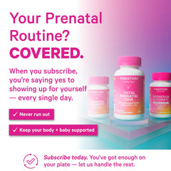 Pink Stork Prenatal Probiotic bottle shown with prenatal vitamins for routine use.