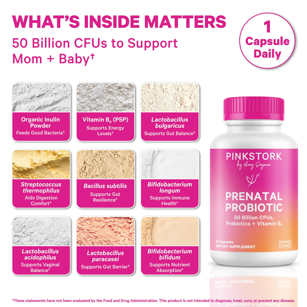 Pink Stork Prenatal Probiotic capsules on a tray for daily digestive support.