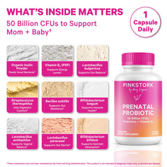 Pink Stork Prenatal Probiotic capsules on a tray for daily digestive support.