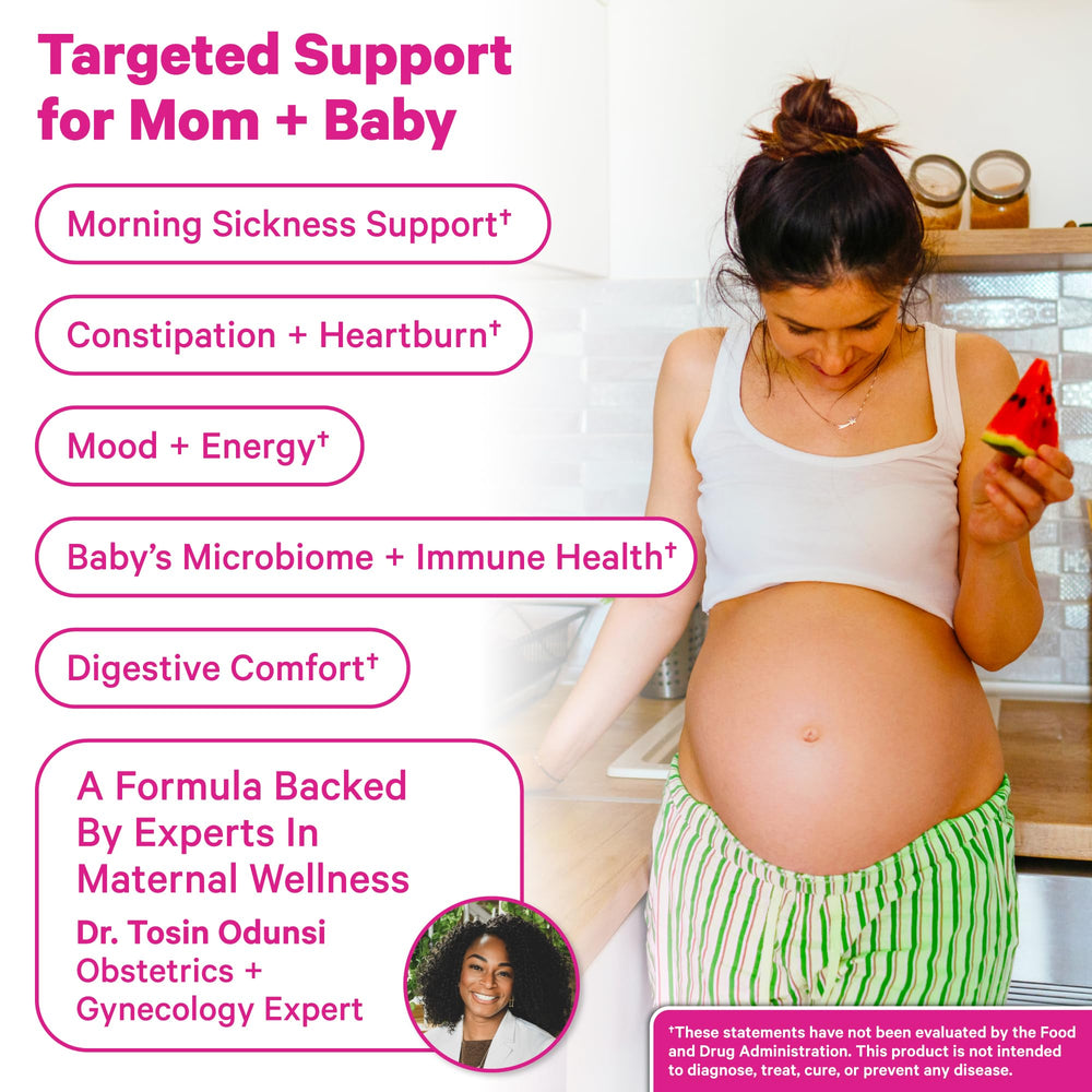 Pink Stork Prenatal Probiotic label close-up highlighting Vitamin B6 and prebiotics.