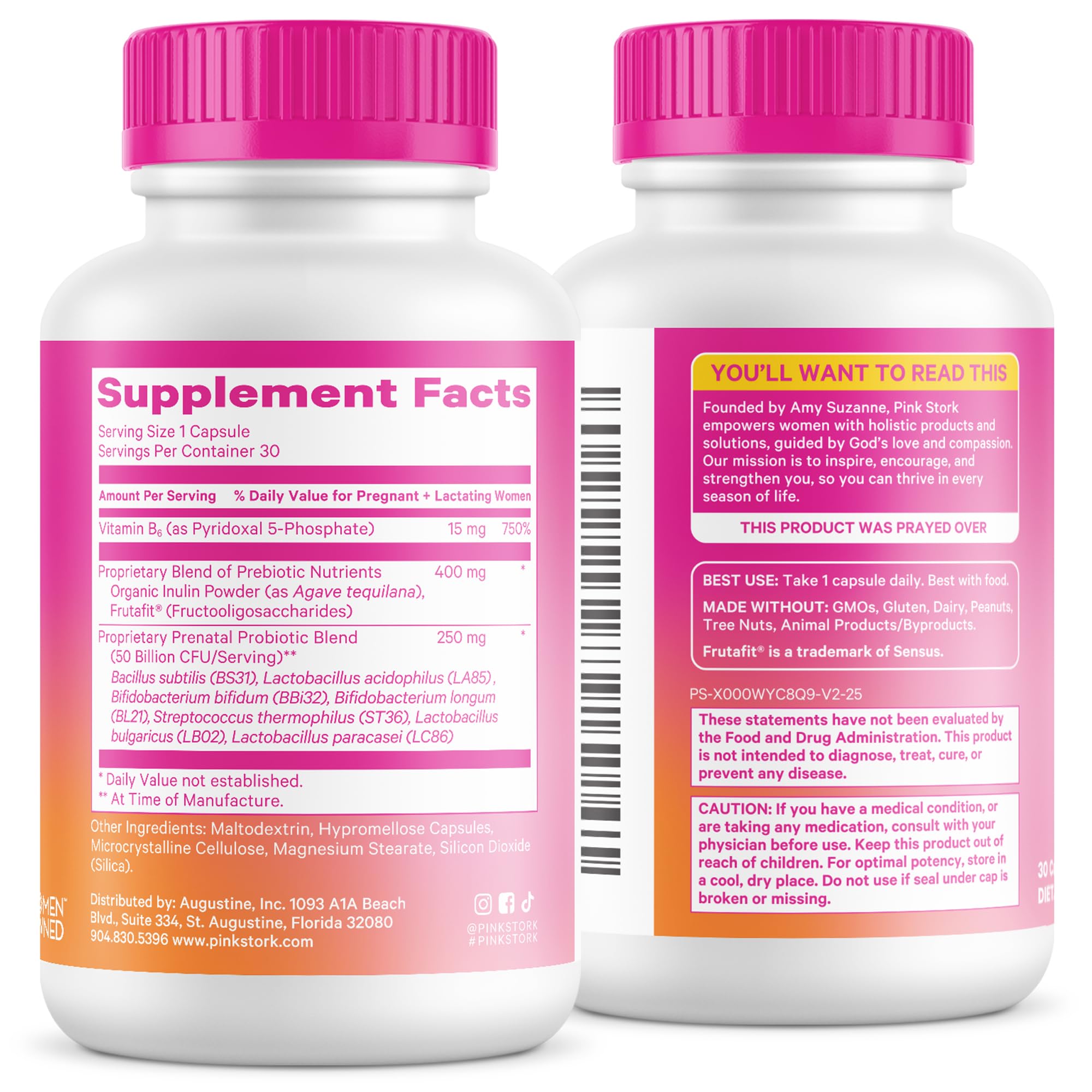 Pregnant mom taking a Pink Stork Prenatal Probiotic capsule during morning routine.