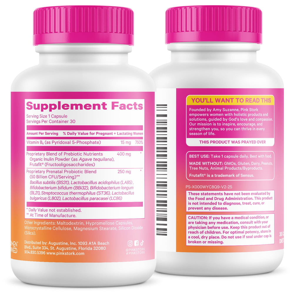 Pregnant mom taking a Pink Stork Prenatal Probiotic capsule during morning routine.