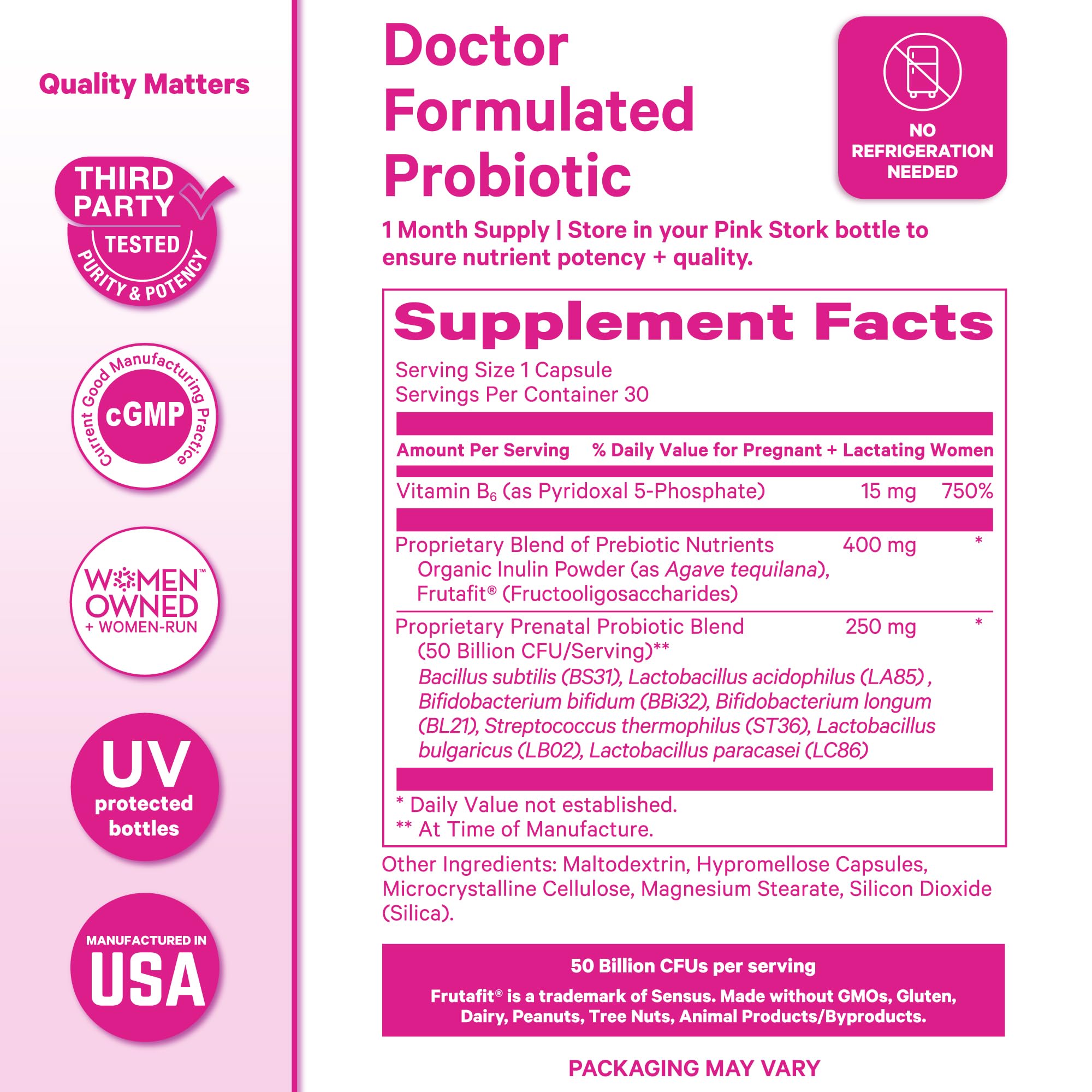 Pink Stork Prenatal Probiotic packaging shows vegan and gluten-free badges.