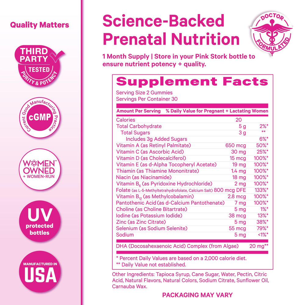 Pink Stork gummy with Vitamin D for daily health support.