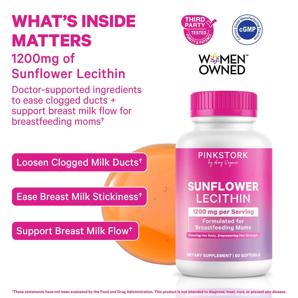 Front view of Pink Stork Sunflower Lecithin bottle highlights breastfeeding support.