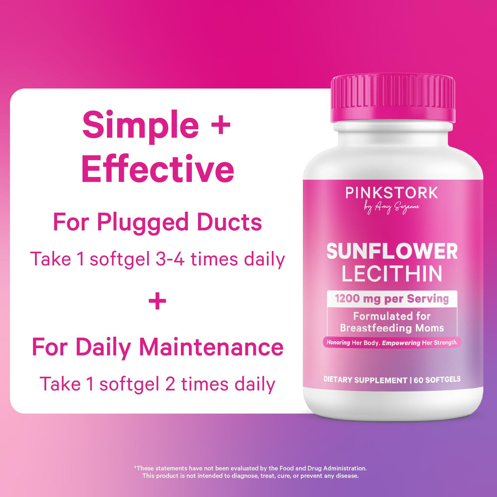 Pink Stork Sunflower Lecithin label shows 1200 mg per serving for milk support.