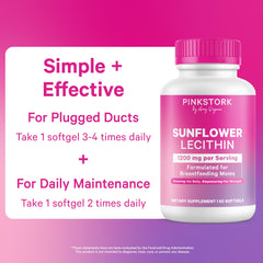 Pink Stork Sunflower Lecithin label shows 1200 mg per serving for milk support.