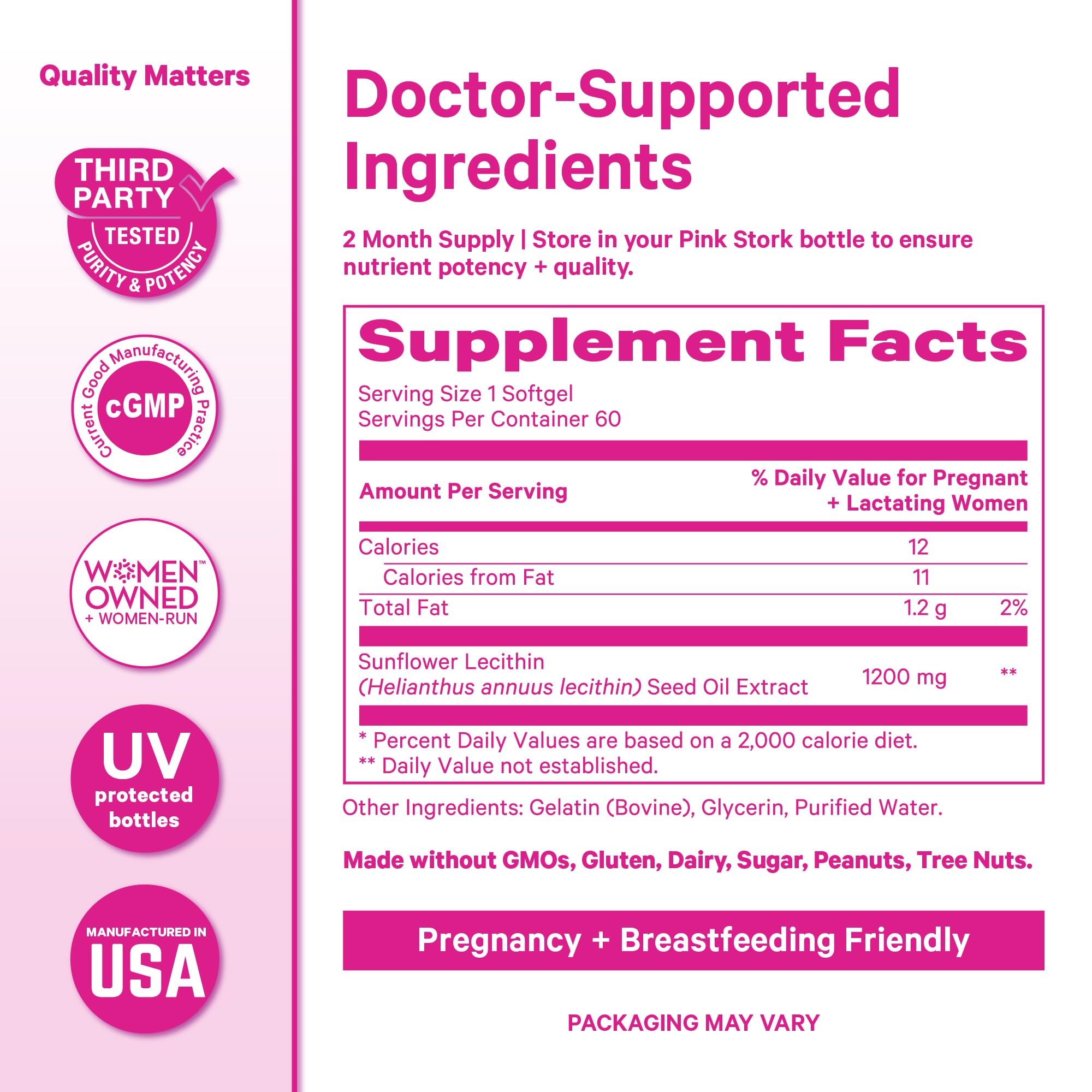 Pink Stork Sunflower Lecithin packaging on a clean surface for postpartum use.