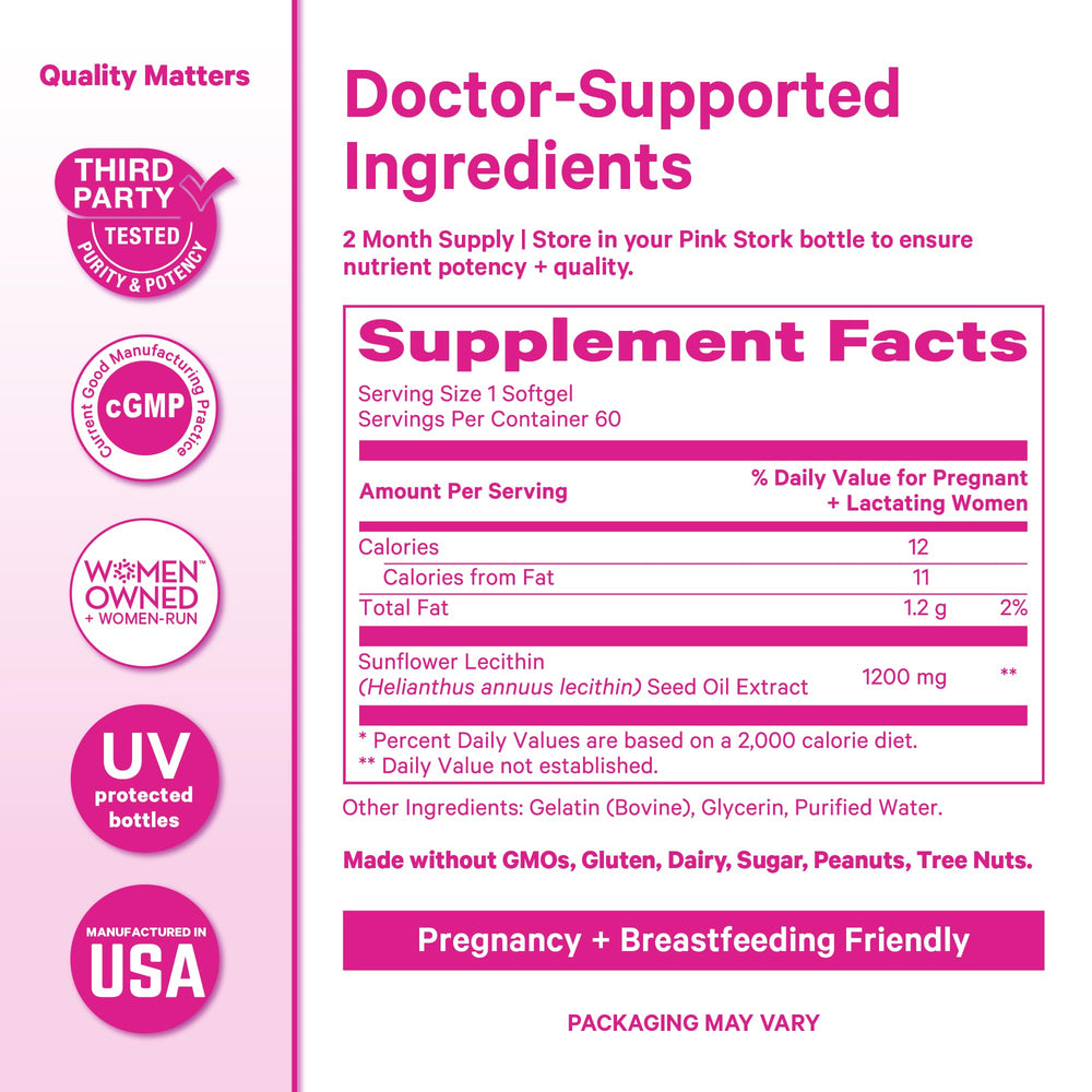 Pink Stork Sunflower Lecithin packaging on a clean surface for postpartum use.
