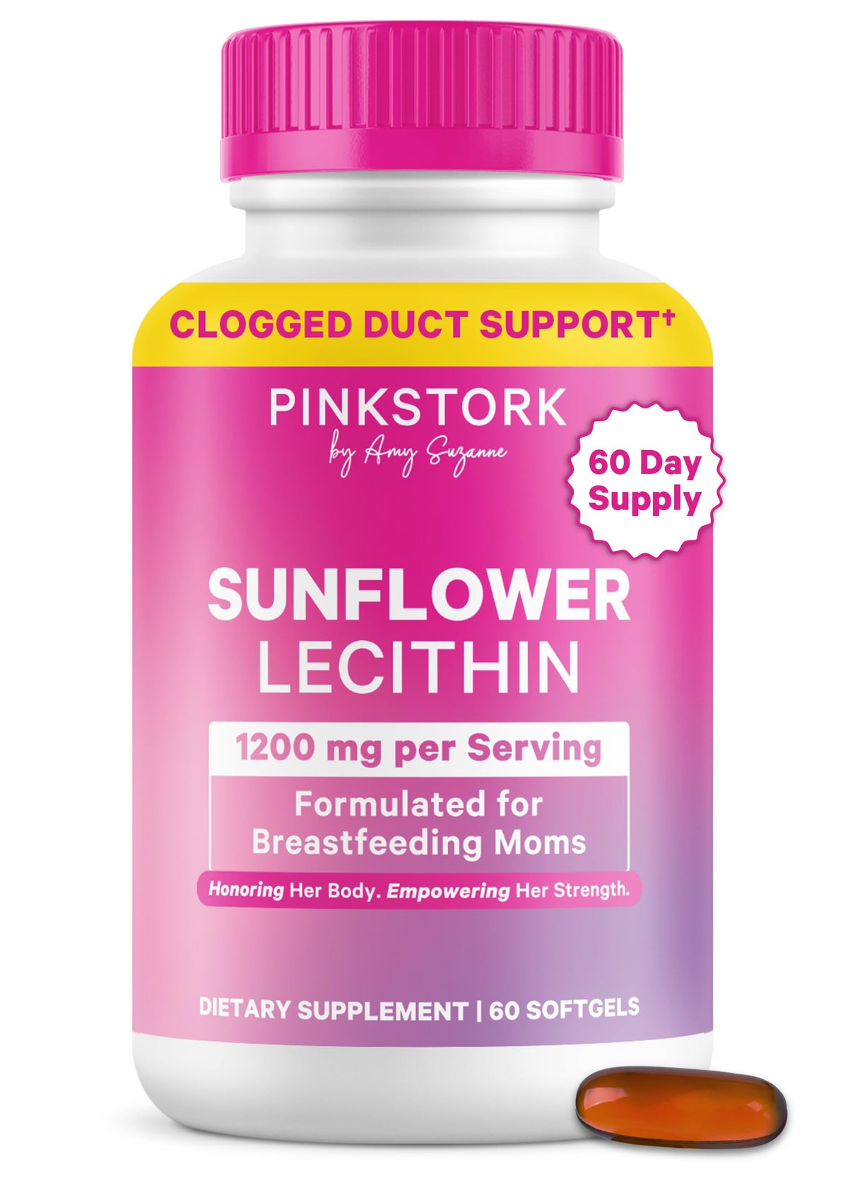 Pink Stork Sunflower Lecithin softgels bottle supports milk flow and may help prevent clogged ducts.