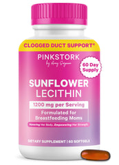 Pink Stork Sunflower Lecithin softgels bottle supports milk flow and may help prevent clogged ducts.