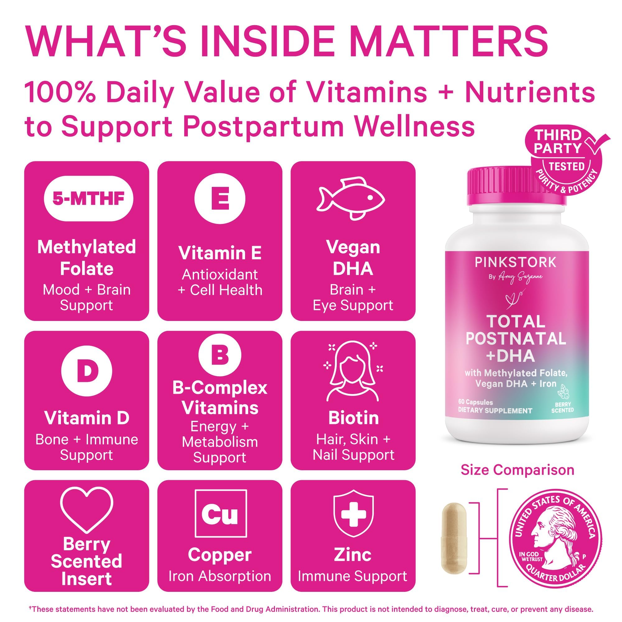 Closeup of Pink Stork Total Postnatal capsules highlighting gentle, stomach-friendly formula