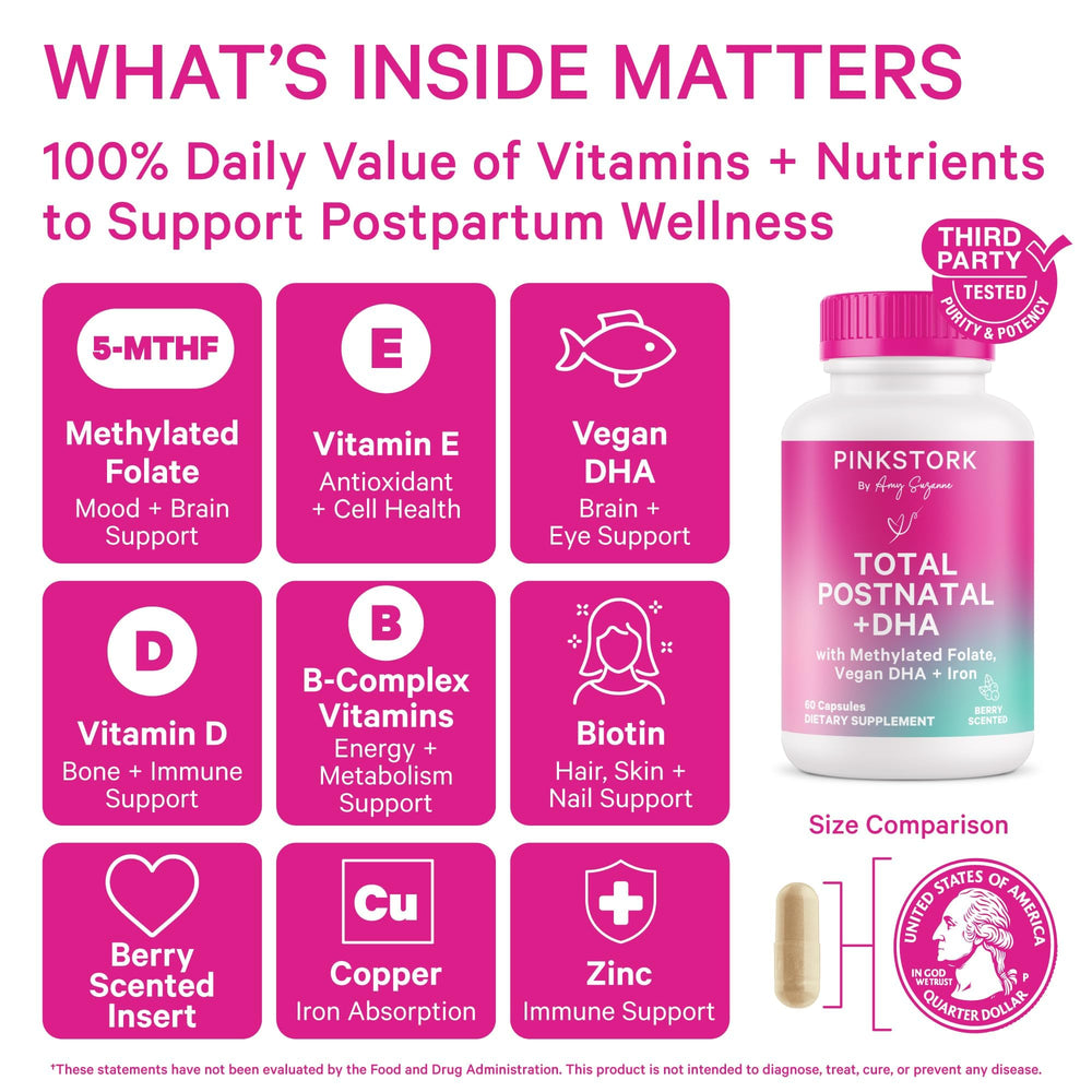 Closeup of Pink Stork Total Postnatal capsules highlighting gentle, stomach-friendly formula