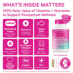 Closeup of Pink Stork Total Postnatal capsules highlighting gentle, stomach-friendly formula