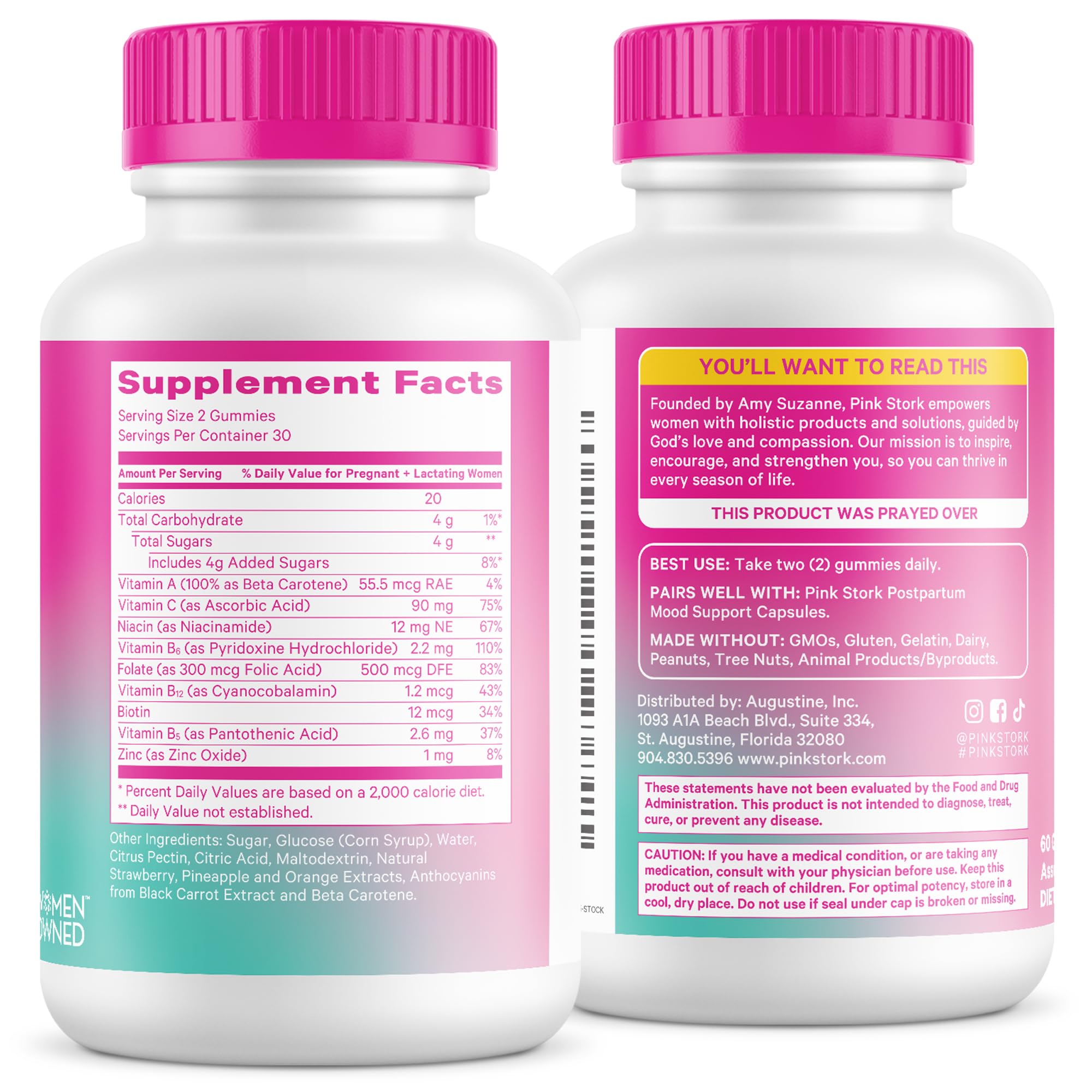 Pink Stork daily-use gummies paired with a glass of water for routine nourishment.