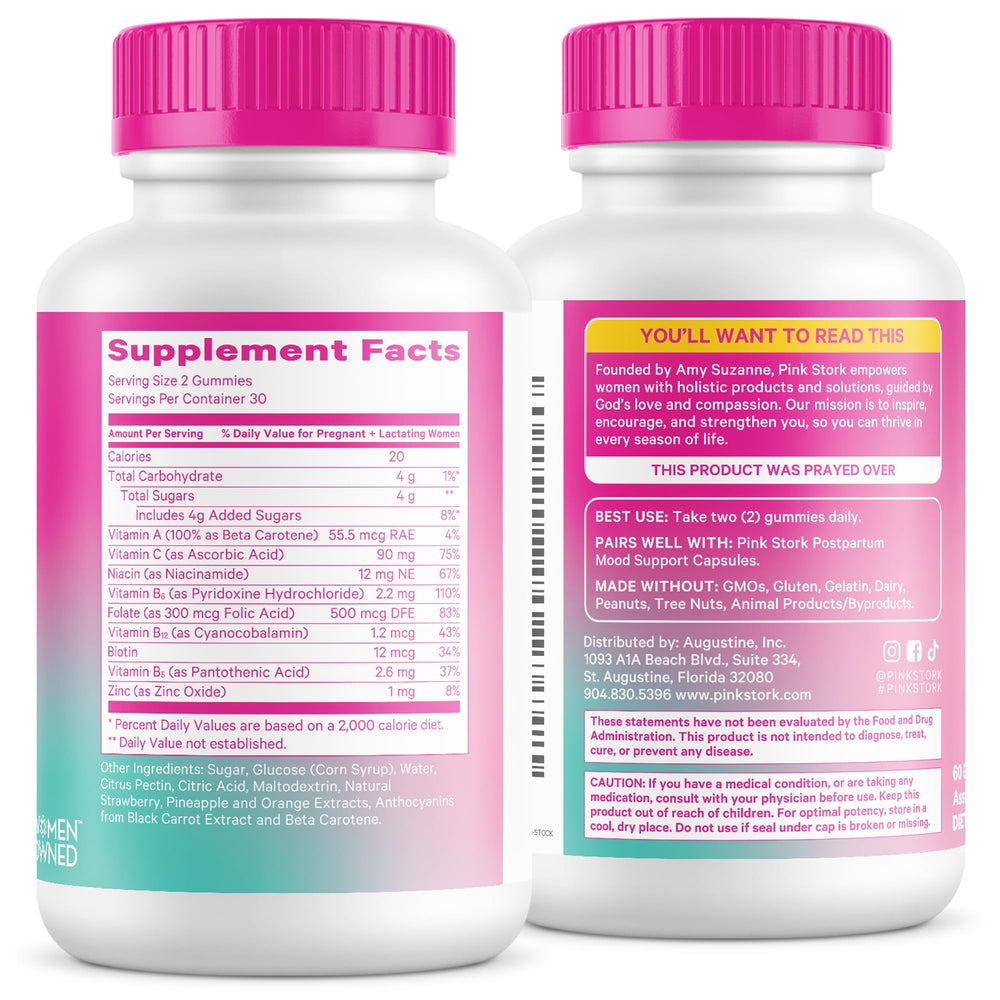 Pink Stork daily-use gummies paired with a glass of water for routine nourishment.