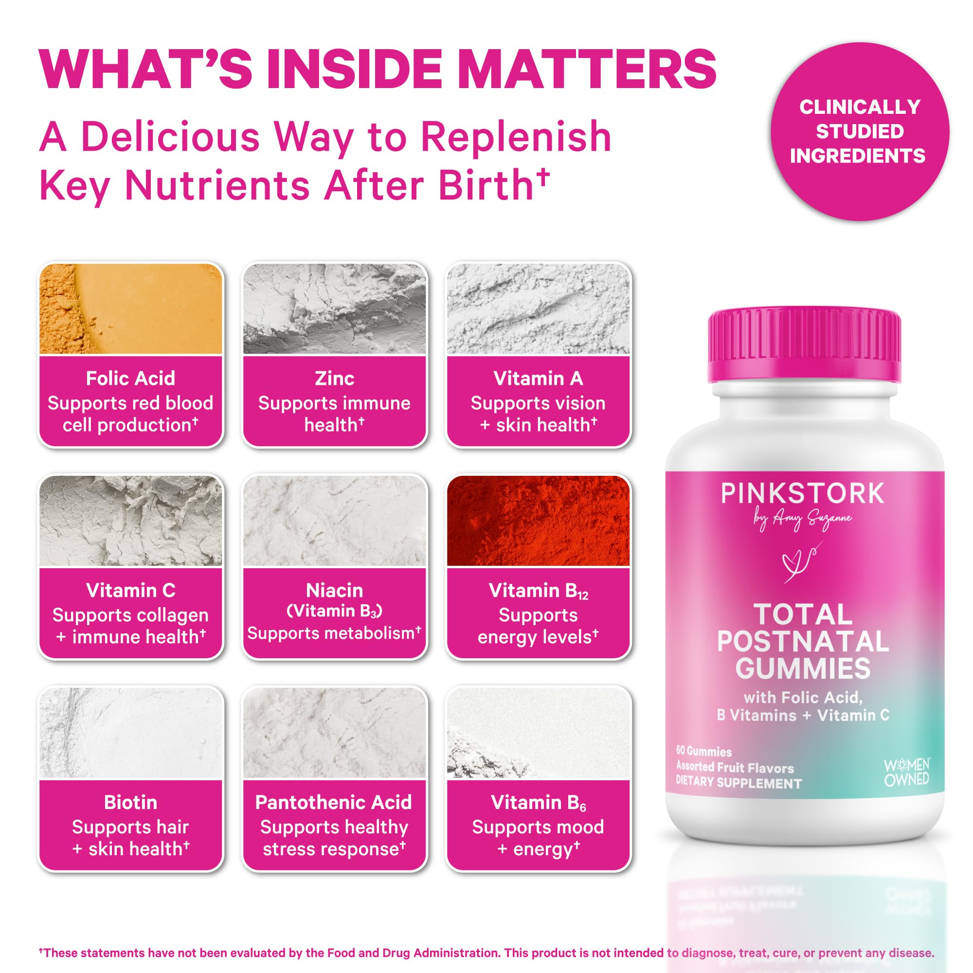 Close-up of Pink Stork Total Postnatal gummies showcasing convenient daily nourishment.