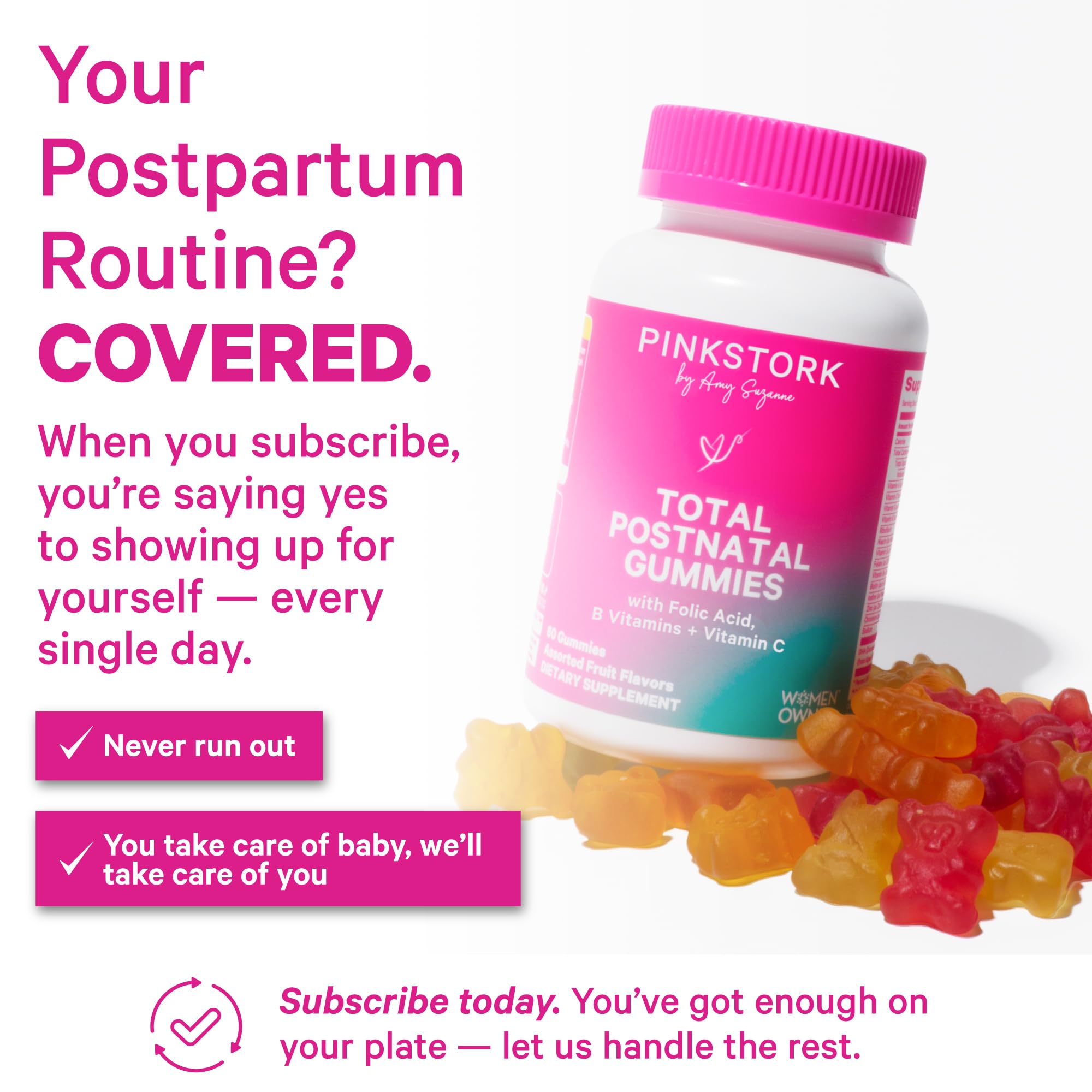 Pink Stork Total Postnatal label highlights folic acid and zinc benefits.