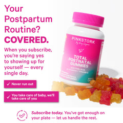 Pink Stork Total Postnatal label highlights folic acid and zinc benefits.