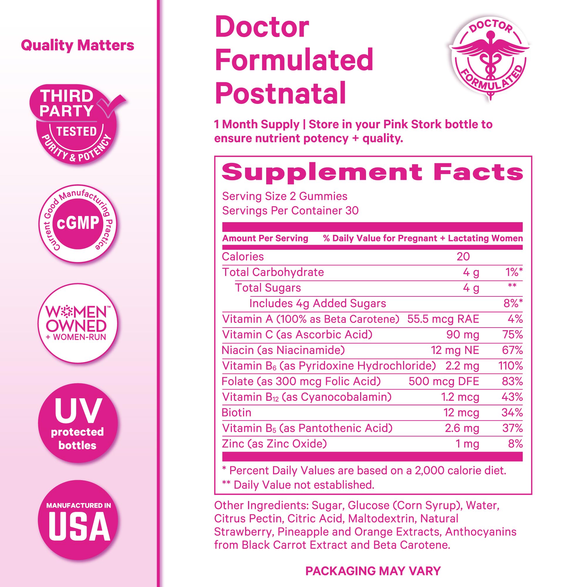 Pink Stork gummy bottle beside mom pumping for breastfeeding support.